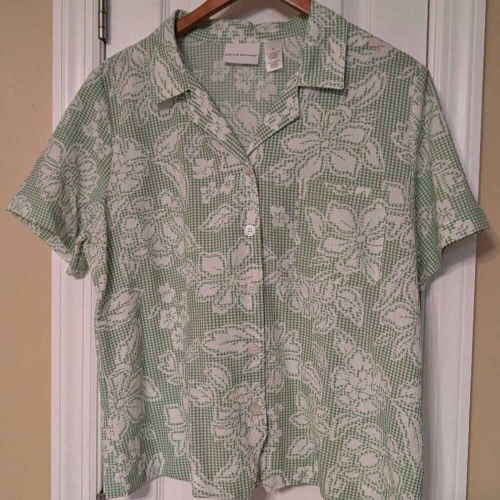 Vintage Alfred Dunner Sage Green Gingham Floral Button Up Cottagecore / Grandma